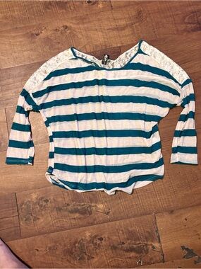 Striped Lace-Yoke Teal and White Women's Top